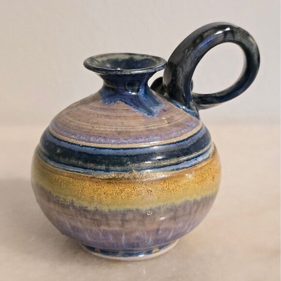 Studio Pottery Glazed Oil Lamp or Bud Vase In Blue Lavender Signed - Picture 3 of 8